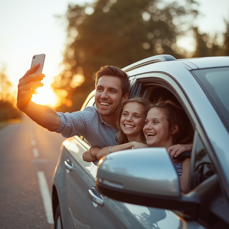 Happy family enjoying a car ride with Relation Rides